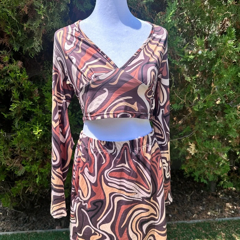 SHEIN Multicolor Brown and Cream Abstract Midi Skirt Set - Picture 1 of 3